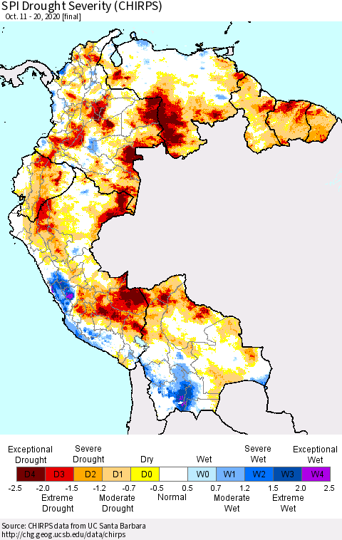 Northern South America SPI Drought Severity (CHIRPS) Thematic Map For 10/11/2020 - 10/20/2020