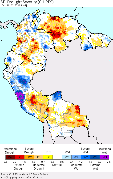 Northern South America SPI Drought Severity (CHIRPS) Thematic Map For 10/21/2020 - 10/31/2020