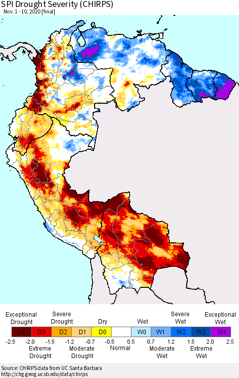 Northern South America SPI Drought Severity (CHIRPS) Thematic Map For 11/1/2020 - 11/10/2020