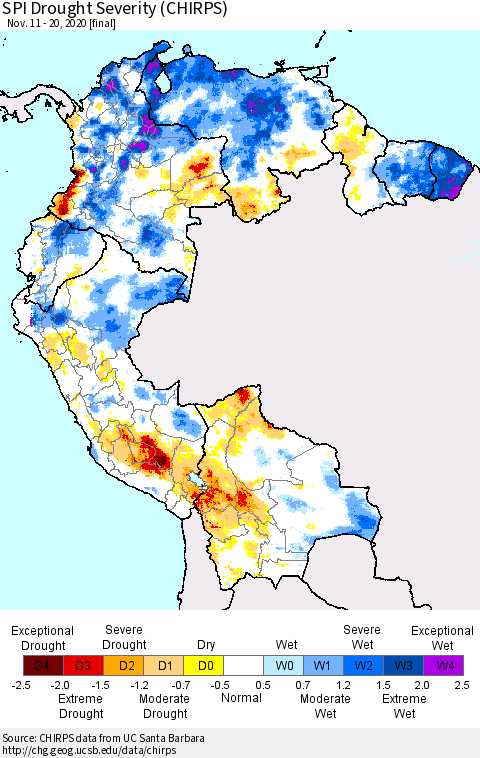 Northern South America SPI Drought Severity (CHIRPS) Thematic Map For 11/11/2020 - 11/20/2020