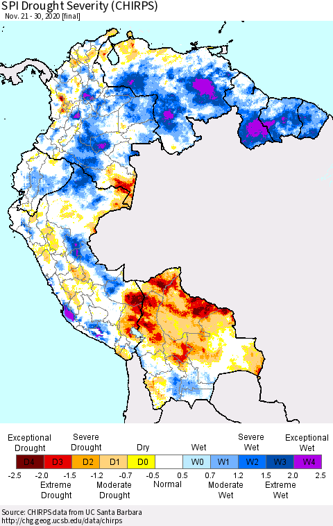 Northern South America SPI Drought Severity (CHIRPS) Thematic Map For 11/21/2020 - 11/30/2020