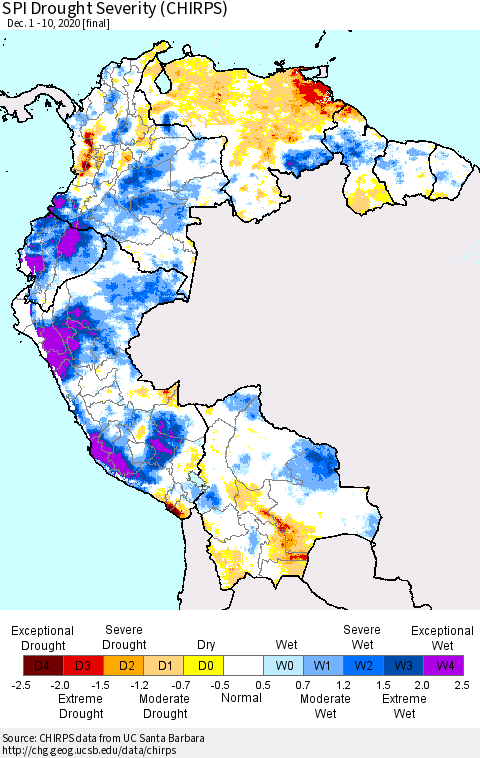 Northern South America SPI Drought Severity (CHIRPS) Thematic Map For 12/1/2020 - 12/10/2020