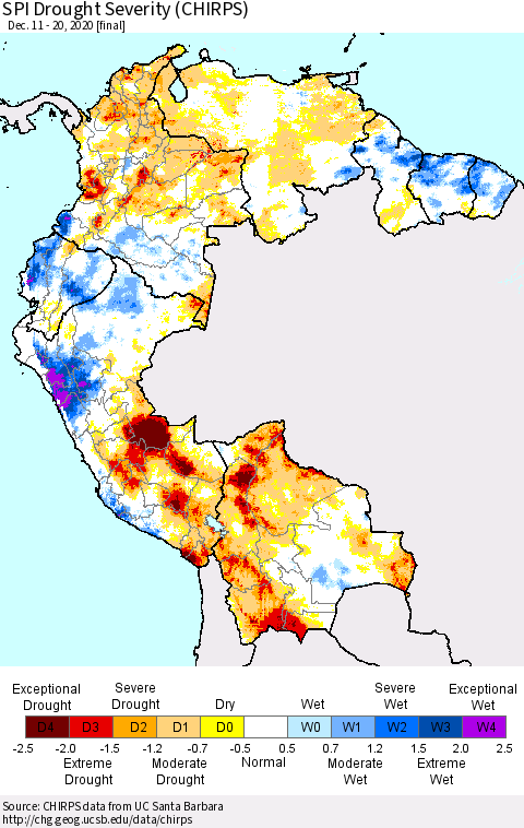 Northern South America SPI Drought Severity (CHIRPS) Thematic Map For 12/11/2020 - 12/20/2020