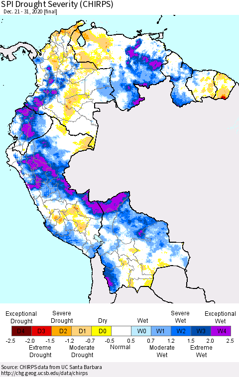 Northern South America SPI Drought Severity (CHIRPS) Thematic Map For 12/21/2020 - 12/31/2020