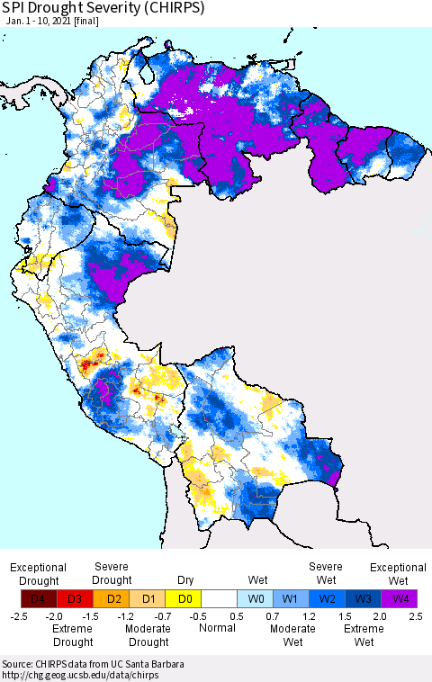 Northern South America SPI Drought Severity (CHIRPS) Thematic Map For 1/1/2021 - 1/10/2021