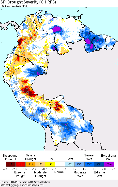 Northern South America SPI Drought Severity (CHIRPS) Thematic Map For 1/11/2021 - 1/20/2021