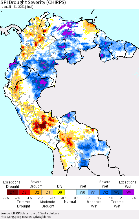 Northern South America SPI Drought Severity (CHIRPS) Thematic Map For 1/21/2021 - 1/31/2021