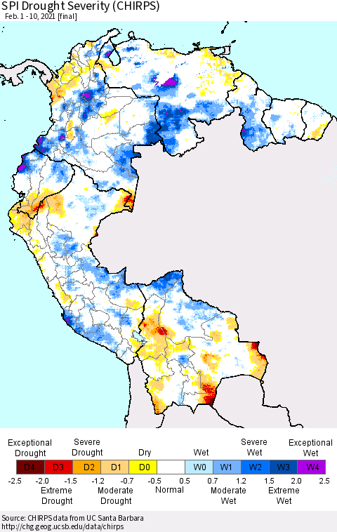 Northern South America SPI Drought Severity (CHIRPS) Thematic Map For 2/1/2021 - 2/10/2021