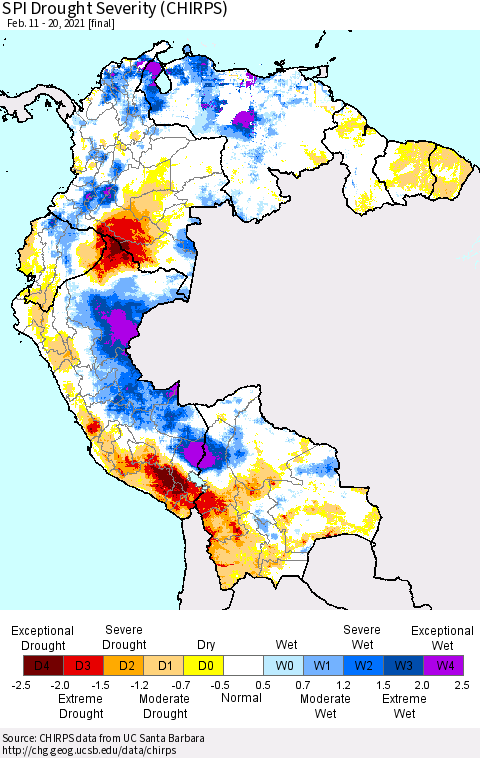 Northern South America SPI Drought Severity (CHIRPS) Thematic Map For 2/11/2021 - 2/20/2021
