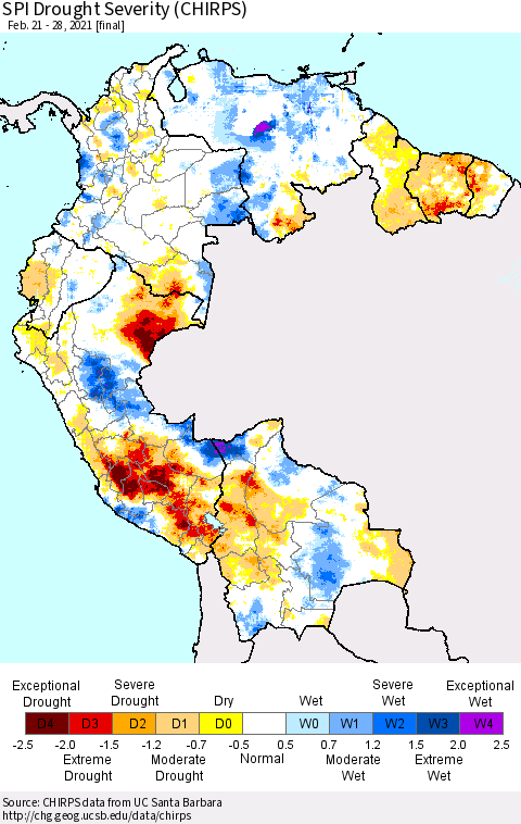 Northern South America SPI Drought Severity (CHIRPS) Thematic Map For 2/21/2021 - 2/28/2021