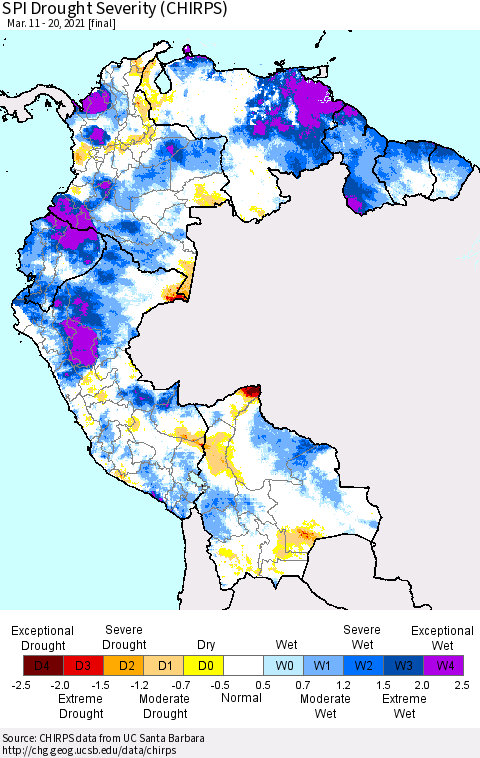 Northern South America SPI Drought Severity (CHIRPS) Thematic Map For 3/11/2021 - 3/20/2021