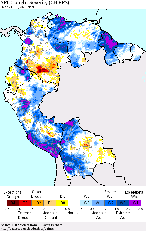 Northern South America SPI Drought Severity (CHIRPS) Thematic Map For 3/21/2021 - 3/31/2021