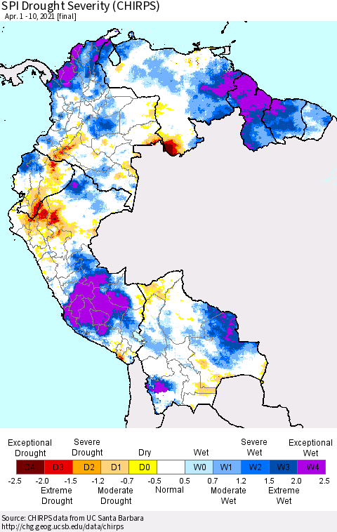 Northern South America SPI Drought Severity (CHIRPS) Thematic Map For 4/1/2021 - 4/10/2021