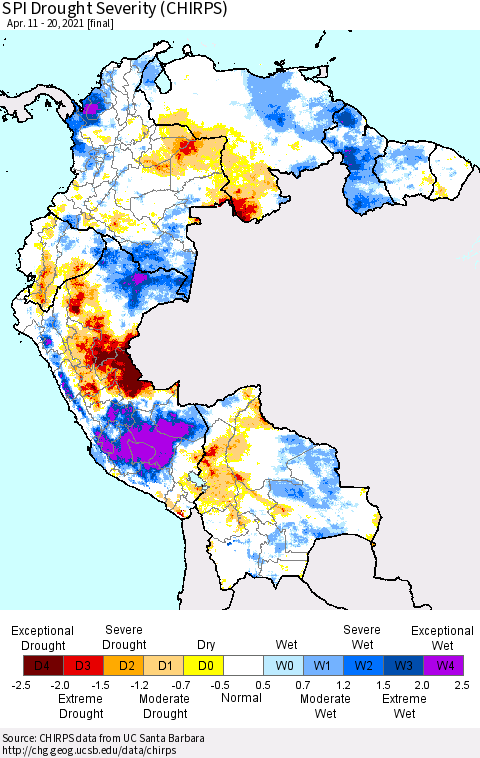 Northern South America SPI Drought Severity (CHIRPS) Thematic Map For 4/11/2021 - 4/20/2021