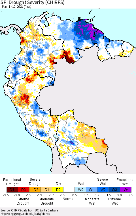 Northern South America SPI Drought Severity (CHIRPS) Thematic Map For 5/1/2021 - 5/10/2021