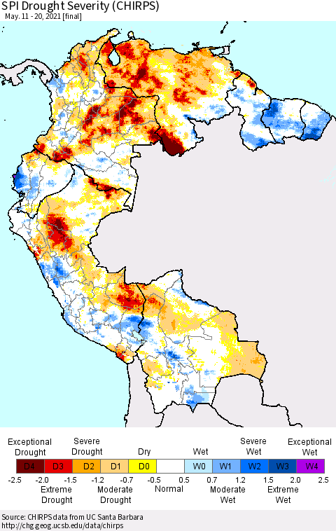Northern South America SPI Drought Severity (CHIRPS) Thematic Map For 5/11/2021 - 5/20/2021