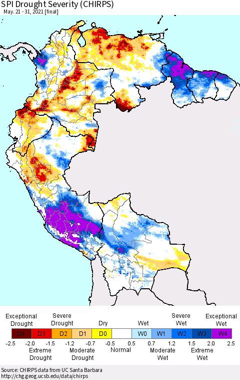 Northern South America SPI Drought Severity (CHIRPS) Thematic Map For 5/21/2021 - 5/31/2021