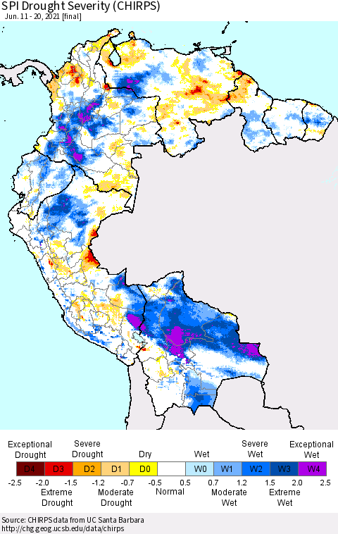 Northern South America SPI Drought Severity (CHIRPS) Thematic Map For 6/11/2021 - 6/20/2021