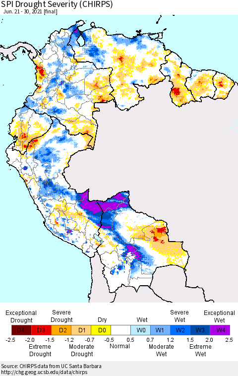 Northern South America SPI Drought Severity (CHIRPS) Thematic Map For 6/21/2021 - 6/30/2021