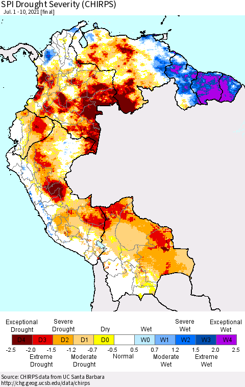 Northern South America SPI Drought Severity (CHIRPS) Thematic Map For 7/1/2021 - 7/10/2021