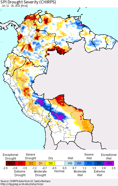 Northern South America SPI Drought Severity (CHIRPS) Thematic Map For 7/11/2021 - 7/20/2021