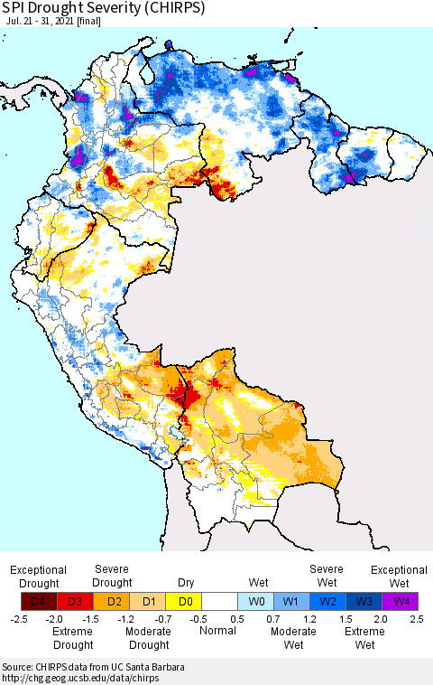 Northern South America SPI Drought Severity (CHIRPS) Thematic Map For 7/21/2021 - 7/31/2021
