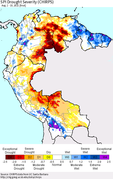 Northern South America SPI Drought Severity (CHIRPS) Thematic Map For 8/1/2021 - 8/10/2021