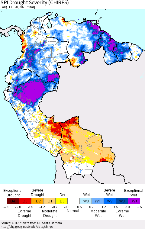 Northern South America SPI Drought Severity (CHIRPS) Thematic Map For 8/11/2021 - 8/20/2021