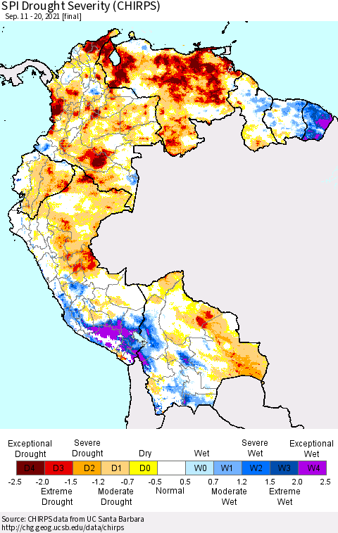 Northern South America SPI Drought Severity (CHIRPS) Thematic Map For 9/11/2021 - 9/20/2021