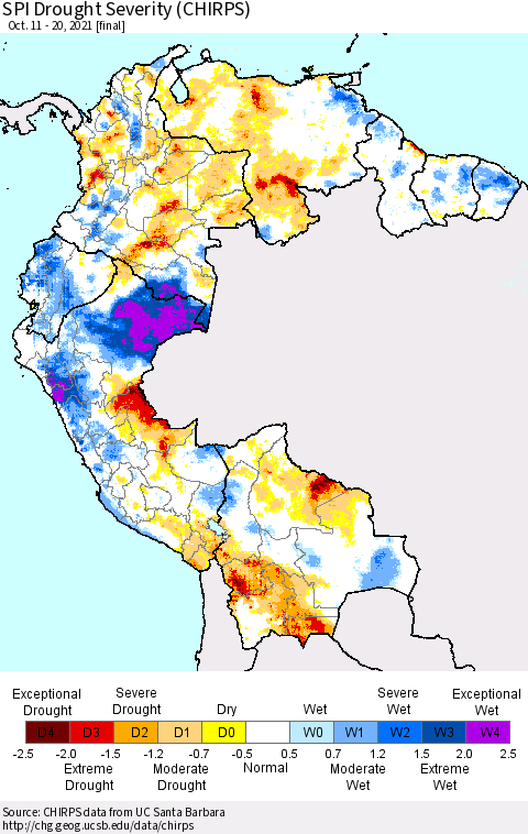 Northern South America SPI Drought Severity (CHIRPS) Thematic Map For 10/11/2021 - 10/20/2021