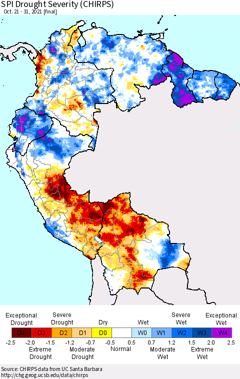 Northern South America SPI Drought Severity (CHIRPS) Thematic Map For 10/21/2021 - 10/31/2021