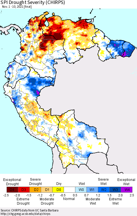 Northern South America SPI Drought Severity (CHIRPS) Thematic Map For 11/1/2021 - 11/10/2021