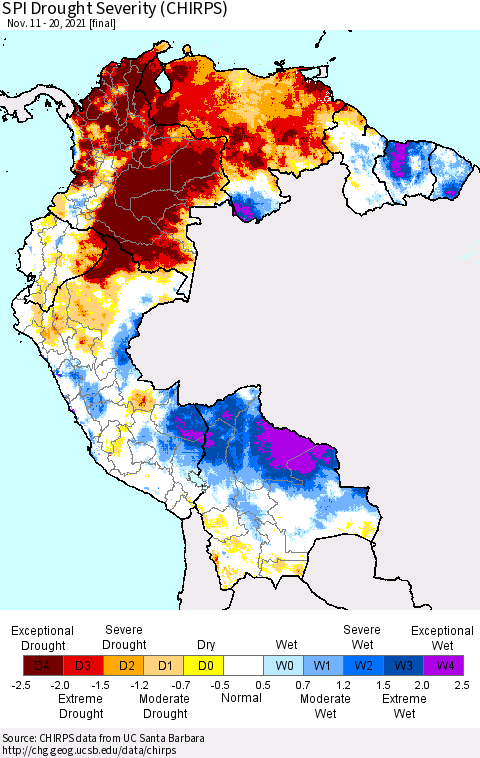 Northern South America SPI Drought Severity (CHIRPS) Thematic Map For 11/11/2021 - 11/20/2021