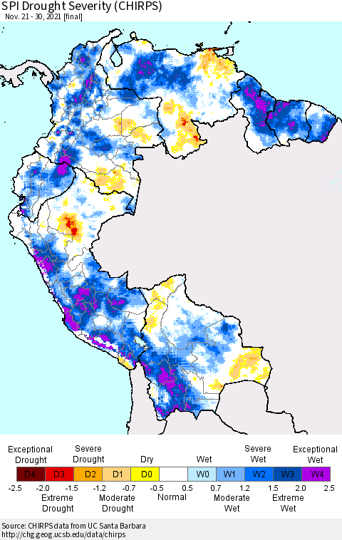 Northern South America SPI Drought Severity (CHIRPS) Thematic Map For 11/21/2021 - 11/30/2021