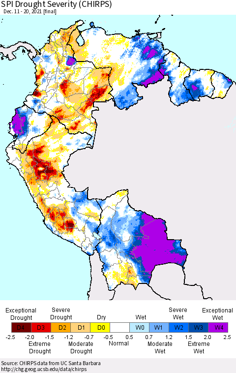Northern South America SPI Drought Severity (CHIRPS) Thematic Map For 12/11/2021 - 12/20/2021