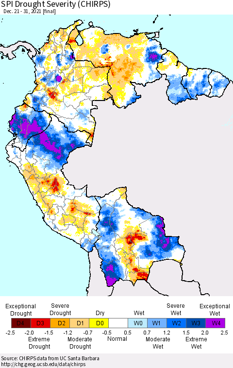 Northern South America SPI Drought Severity (CHIRPS) Thematic Map For 12/21/2021 - 12/31/2021