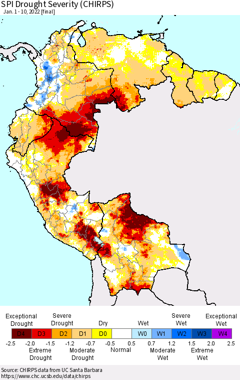 Northern South America SPI Drought Severity (CHIRPS) Thematic Map For 1/1/2022 - 1/10/2022