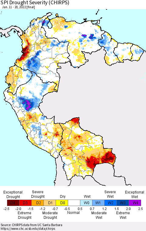 Northern South America SPI Drought Severity (CHIRPS) Thematic Map For 1/11/2022 - 1/20/2022