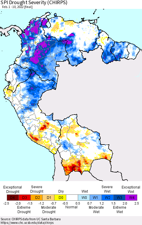 Northern South America SPI Drought Severity (CHIRPS) Thematic Map For 2/1/2022 - 2/10/2022