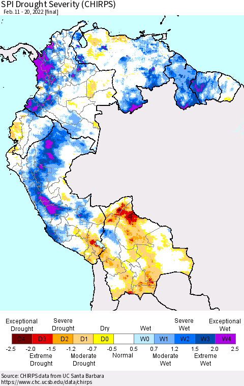 Northern South America SPI Drought Severity (CHIRPS) Thematic Map For 2/11/2022 - 2/20/2022