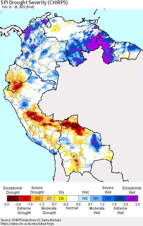 Northern South America SPI Drought Severity (CHIRPS) Thematic Map For 2/21/2022 - 2/28/2022