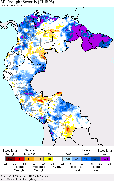 Northern South America SPI Drought Severity (CHIRPS) Thematic Map For 3/1/2022 - 3/10/2022