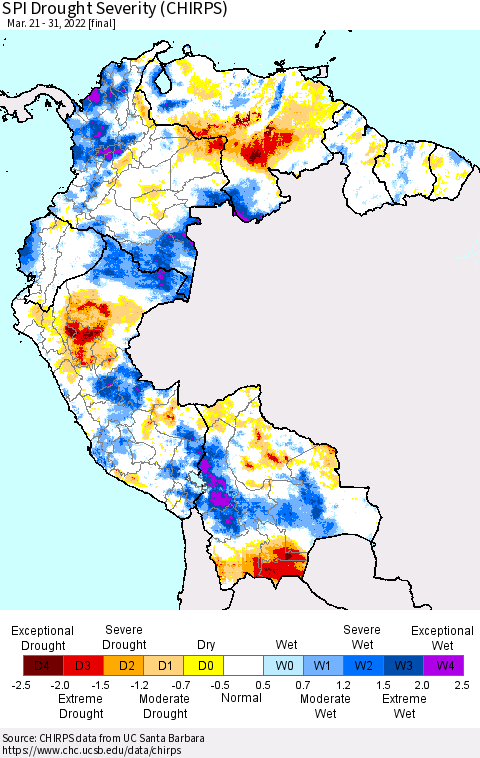 Northern South America SPI Drought Severity (CHIRPS) Thematic Map For 3/21/2022 - 3/31/2022