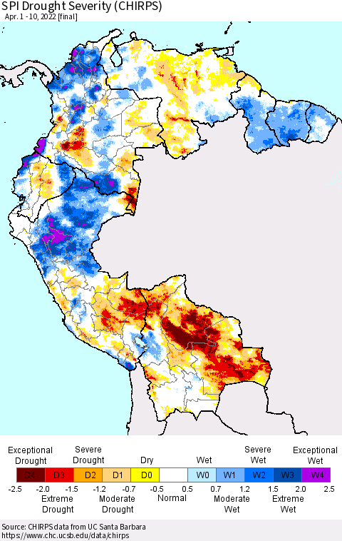 Northern South America SPI Drought Severity (CHIRPS) Thematic Map For 4/1/2022 - 4/10/2022