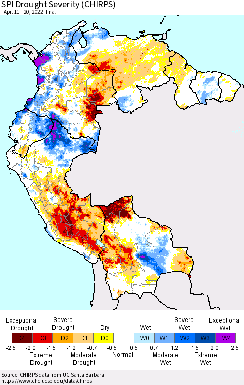 Northern South America SPI Drought Severity (CHIRPS) Thematic Map For 4/11/2022 - 4/20/2022