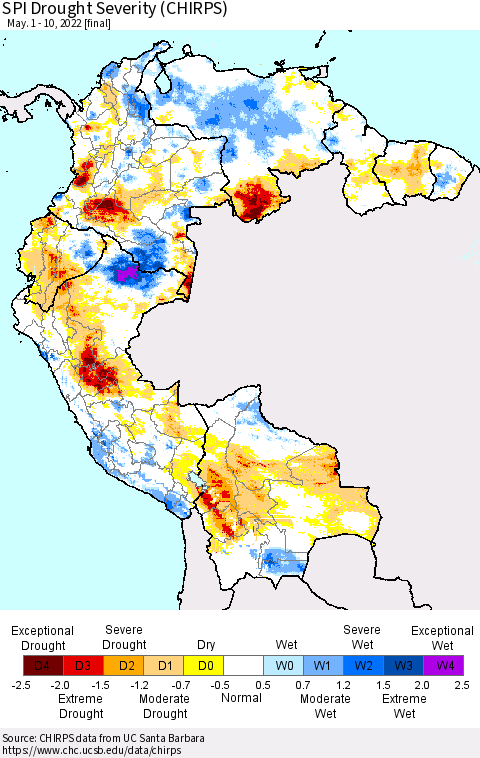 Northern South America SPI Drought Severity (CHIRPS) Thematic Map For 5/1/2022 - 5/10/2022