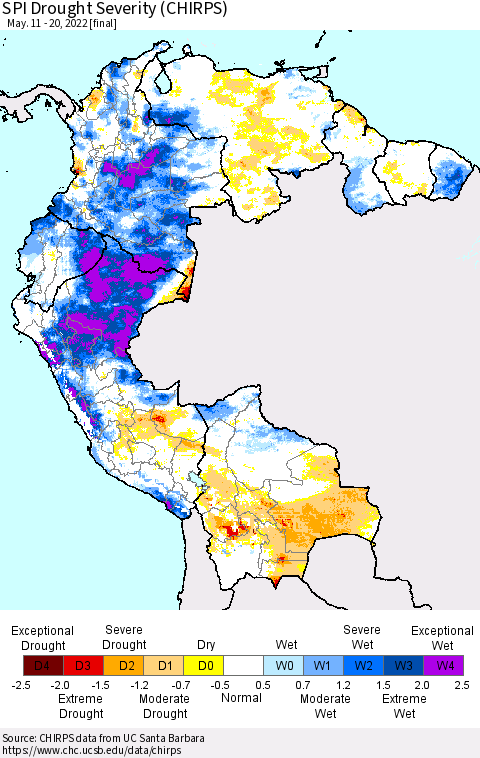 Northern South America SPI Drought Severity (CHIRPS) Thematic Map For 5/11/2022 - 5/20/2022