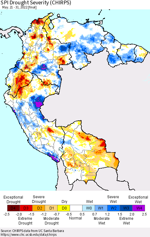 Northern South America SPI Drought Severity (CHIRPS) Thematic Map For 5/21/2022 - 5/31/2022