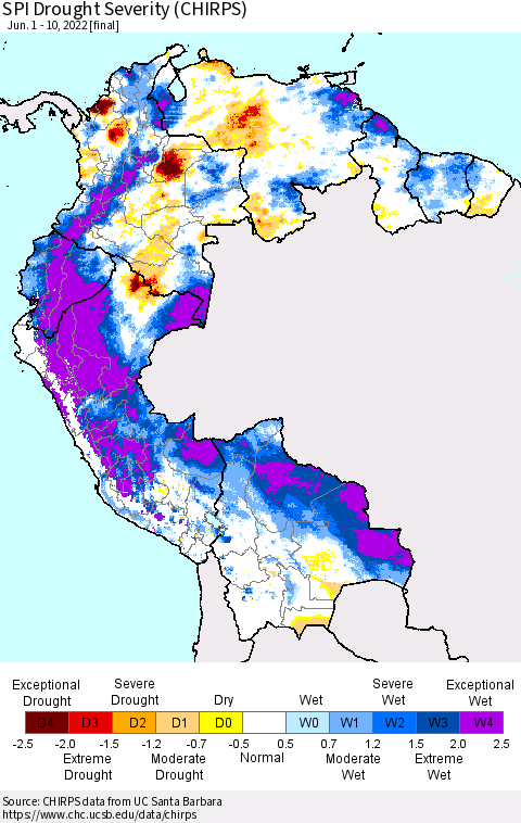 Northern South America SPI Drought Severity (CHIRPS) Thematic Map For 6/1/2022 - 6/10/2022