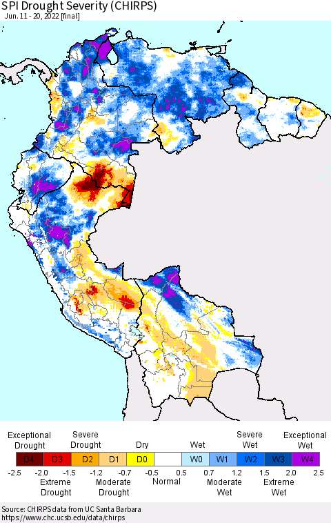 Northern South America SPI Drought Severity (CHIRPS) Thematic Map For 6/11/2022 - 6/20/2022